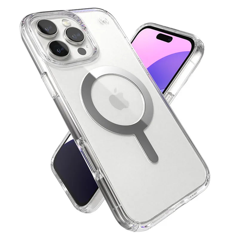 Speck Presidio Perfect-Clear MagSafe dėklas – iPhone 16 Pro Max (Skaidrus / chromo apdaila / Serene Silver)