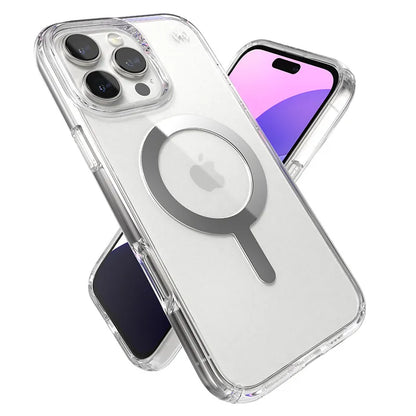 Speck Presidio Perfect-Clear MagSafe dėklas – iPhone 16 Pro Max (Skaidrus / chromo apdaila / Serene Silver)