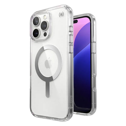Speck Presidio Perfect-Clear MagSafe dėklas – iPhone 16 Pro Max (Skaidrus / chromo apdaila / Serene Silver)