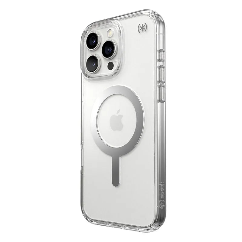 Speck Presidio Perfect-Clear MagSafe dėklas – iPhone 16 Pro Max (Skaidrus / chromo apdaila / Serene Silver)