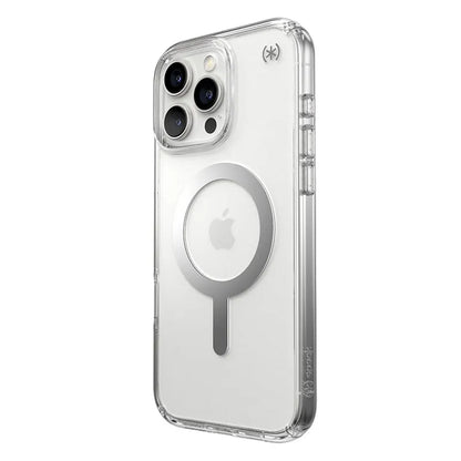 Speck Presidio Perfect-Clear MagSafe dėklas – iPhone 16 Pro Max (Skaidrus / chromo apdaila / Serene Silver)