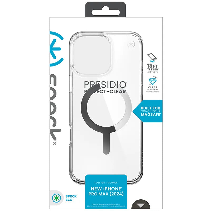 Speck Presidio Perfect-Clear MagSafe dėklas – iPhone 16 Pro Max (Skaidrus / chromo apdaila / Serene Silver)