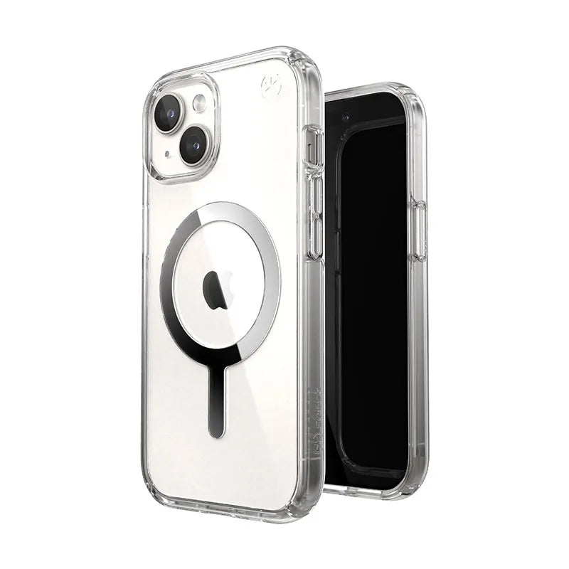 Speck Presidio Perfect-Clear MagSafe dėklas – iPhone 17e / 16e / 15 / 14 / 13 (Skaidrus / Chromo apdaila / Serene Silver)