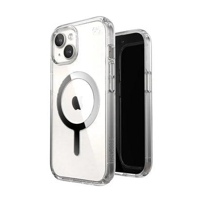 Speck Presidio Perfect-Clear MagSafe dėklas – iPhone 17e / 16e / 15 / 14 / 13 (Skaidrus / Chromo apdaila / Serene Silver)