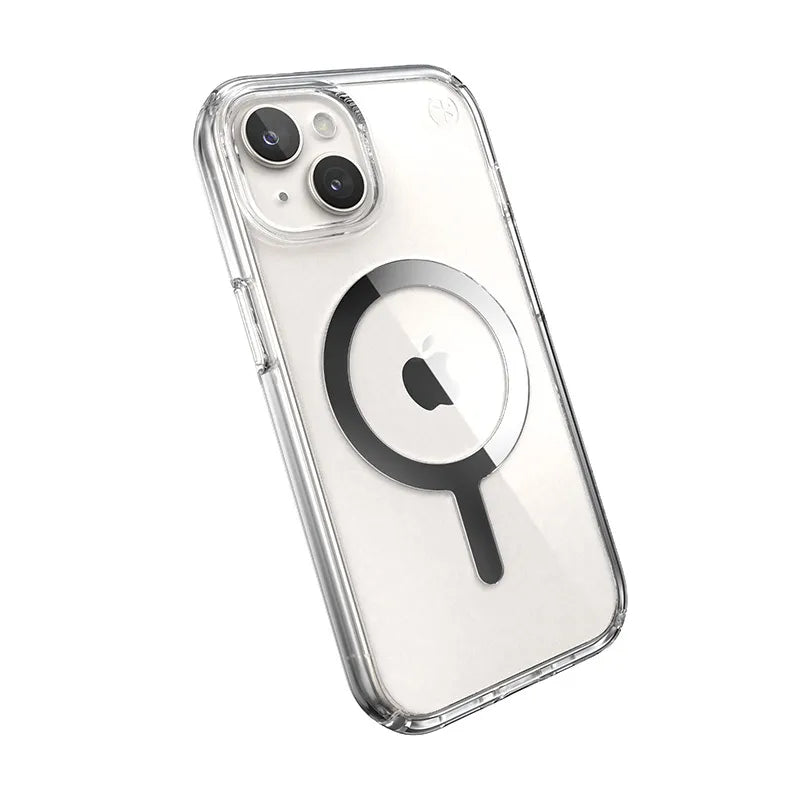 Speck Presidio Perfect-Clear MagSafe dėklas – iPhone 17e / 16e / 15 / 14 / 13 (Skaidrus / Chromo apdaila / Serene Silver)