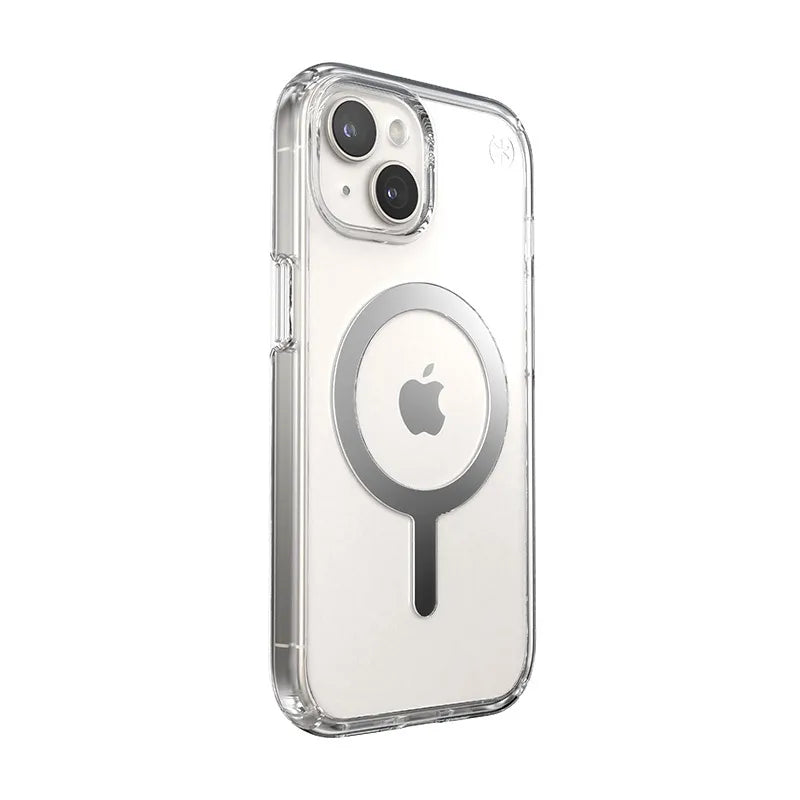 Speck Presidio Perfect-Clear MagSafe dėklas – iPhone 17e / 16e / 15 / 14 / 13 (Skaidrus / Chromo apdaila / Serene Silver)