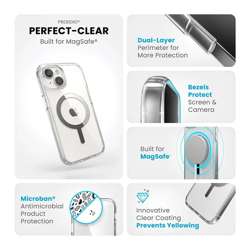 Speck Presidio Perfect-Clear MagSafe dėklas – iPhone 17e / 16e / 15 / 14 / 13 (Skaidrus / Chromo apdaila / Serene Silver)