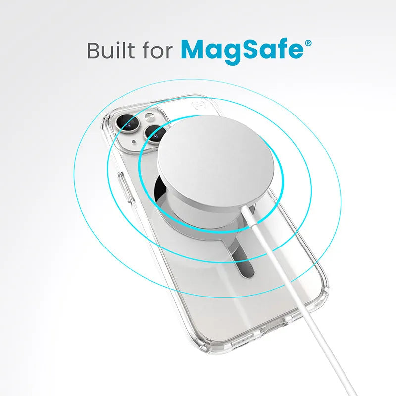 Speck Presidio Perfect-Clear MagSafe dėklas – iPhone 17e / 16e / 15 / 14 / 13 (Skaidrus / Chromo apdaila / Serene Silver)