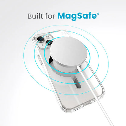 Speck Presidio Perfect-Clear MagSafe dėklas – iPhone 17e / 16e / 15 / 14 / 13 (Skaidrus / Chromo apdaila / Serene Silver)