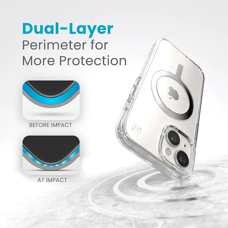 Speck Presidio Perfect-Clear MagSafe dėklas – iPhone 17e / 16e / 15 / 14 / 13 (Skaidrus / Chromo apdaila / Serene Silver)