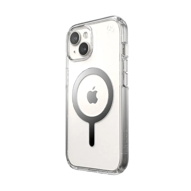 Speck Presidio Perfect-Clear MagSafe dėklas – iPhone 17e / 16e / 15 / 14 / 13 (Skaidrus / Chromo apdaila / Serene Silver)