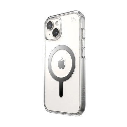 Speck Presidio Perfect-Clear MagSafe dėklas – iPhone 17e / 16e / 15 / 14 / 13 (Skaidrus / Chromo apdaila / Serene Silver)