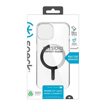 Speck Presidio Perfect-Clear MagSafe dėklas – iPhone 17e / 16e / 15 / 14 / 13 (Skaidrus / Chromo apdaila / Serene Silver)