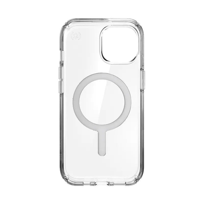 Speck Presidio Perfect-Clear MagSafe dėklas – iPhone 17e / 16e / 15 / 14 / 13 (Skaidrus / Chromo apdaila / Serene Silver)