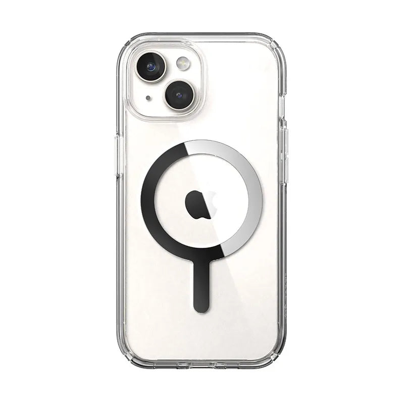 Speck Presidio Perfect-Clear MagSafe dėklas – iPhone 17e / 16e / 15 / 14 / 13 (Skaidrus / Chromo apdaila / Serene Silver)