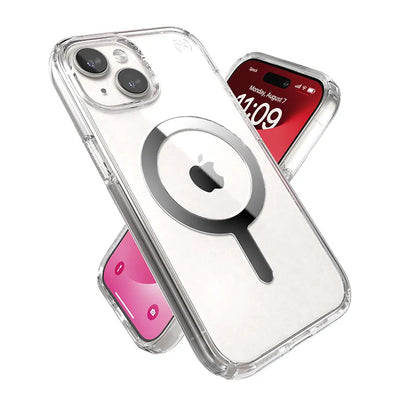 Speck Presidio Perfect-Clear MagSafe dėklas – iPhone 17e / 16e / 15 / 14 / 13 (Skaidrus / Chromo apdaila / Serene Silver)
