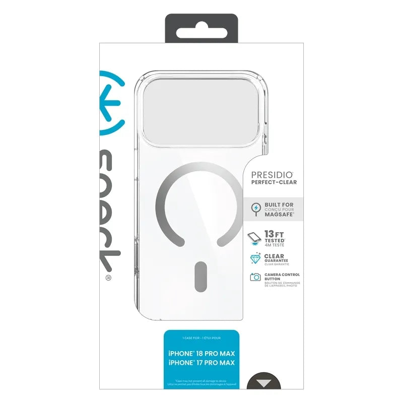 Speck Presidio Perfect Clear MagSafe – dėklas iPhone 18 Pro Max / 17 Pro Max (skaidrus)