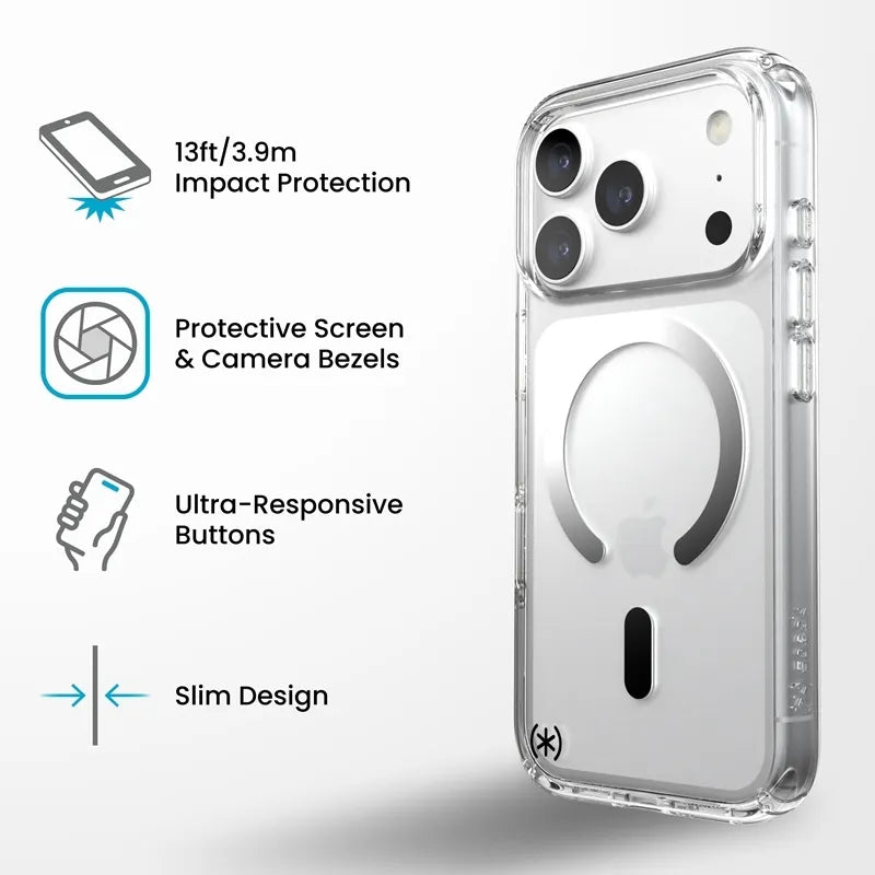 Speck Presidio Perfect Clear MagSafe dėklas, skirtas iPhone 18 Pro / 17 Pro (skaidrus)