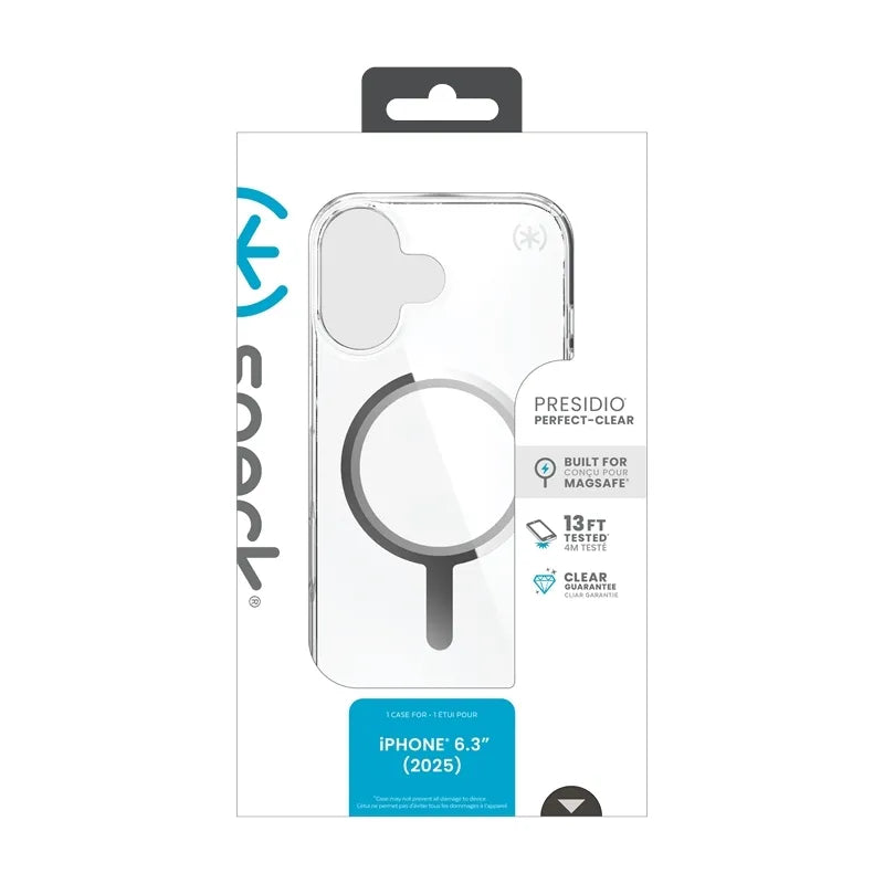 Speck Presidio Perfect Clear MagSafe - iPhone 17 dėklas (Skaidrus / Sidabrinis)