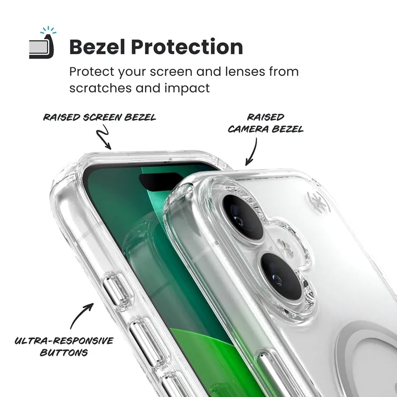 Speck Presidio Perfect Clear MagSafe - iPhone 17 dėklas (Skaidrus / Sidabrinis)