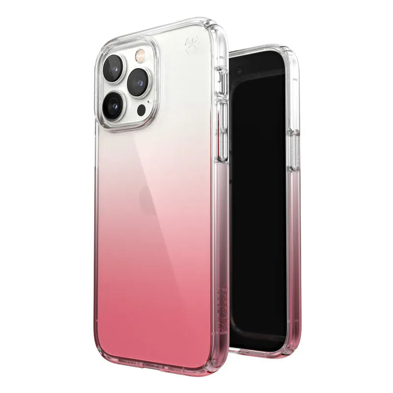 Speck Presidio Perfect-Clear + Ombre dėklas iPhone 14 Pro Max telefonui su MICROBAN danga (Skaidrus / Vintage Rose Fade)