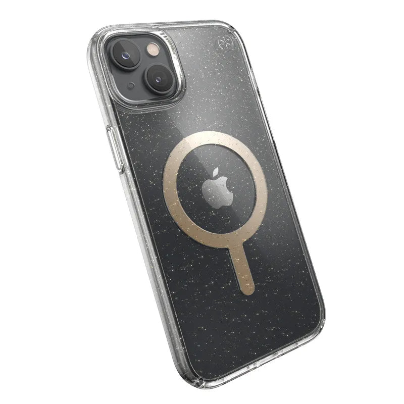 Speck Presidio Perfect-Clear su blizgučiais + MagSafe – dėklas iPhone 15 Plus / 14 Plus su MICROBAN danga (skaidrus / aukso blizgučiai)