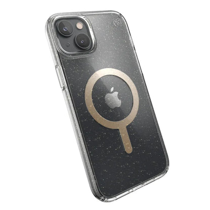 Speck Presidio Perfect-Clear su blizgučiais + MagSafe – dėklas iPhone 15 Plus / 14 Plus su MICROBAN danga (skaidrus / aukso blizgučiai)
