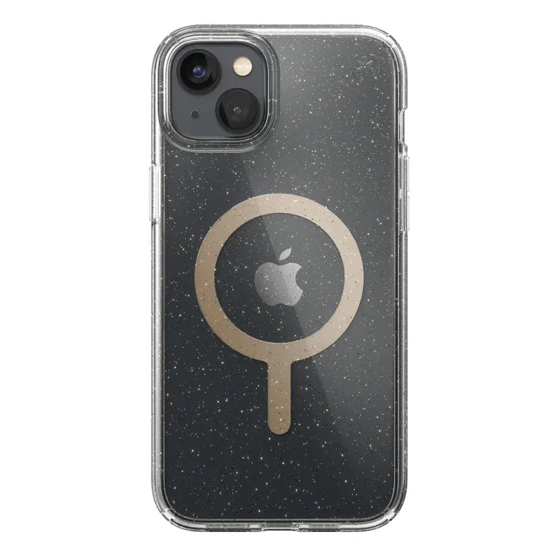 Speck Presidio Perfect-Clear su blizgučiais + MagSafe – dėklas iPhone 15 Plus / 14 Plus su MICROBAN danga (skaidrus / aukso blizgučiai)