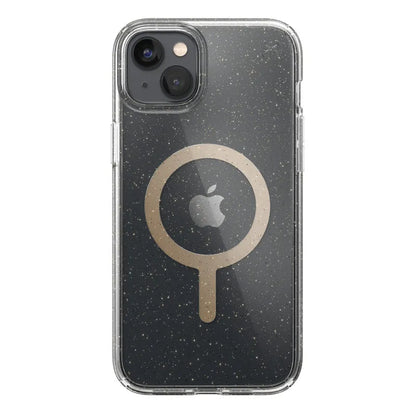 Speck Presidio Perfect-Clear su blizgučiais + MagSafe – dėklas iPhone 15 Plus / 14 Plus su MICROBAN danga (skaidrus / aukso blizgučiai)