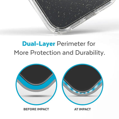 Speck Presidio Perfect-Clear su blizgučiais + MagSafe – dėklas iPhone 15 Plus / 14 Plus su MICROBAN danga (skaidrus / aukso blizgučiai)