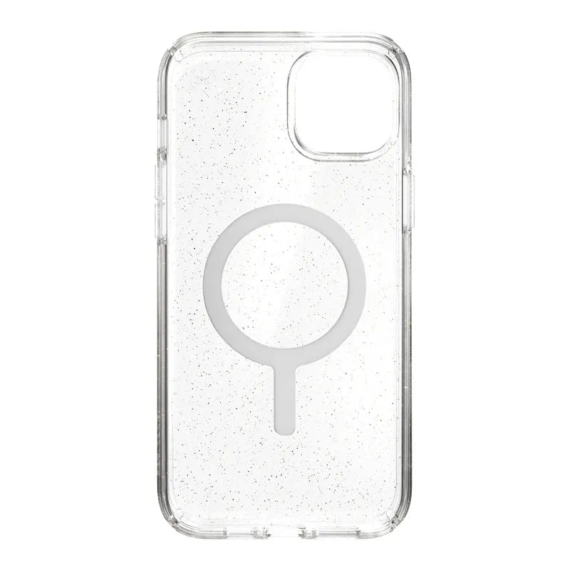 Speck Presidio Perfect-Clear su blizgučiais + MagSafe – dėklas iPhone 15 Plus / 14 Plus su MICROBAN danga (skaidrus / aukso blizgučiai)