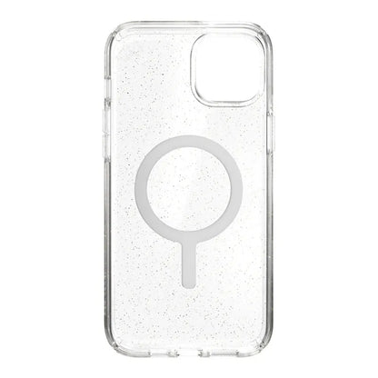 Speck Presidio Perfect-Clear su blizgučiais + MagSafe – dėklas iPhone 15 Plus / 14 Plus su MICROBAN danga (skaidrus / aukso blizgučiai)