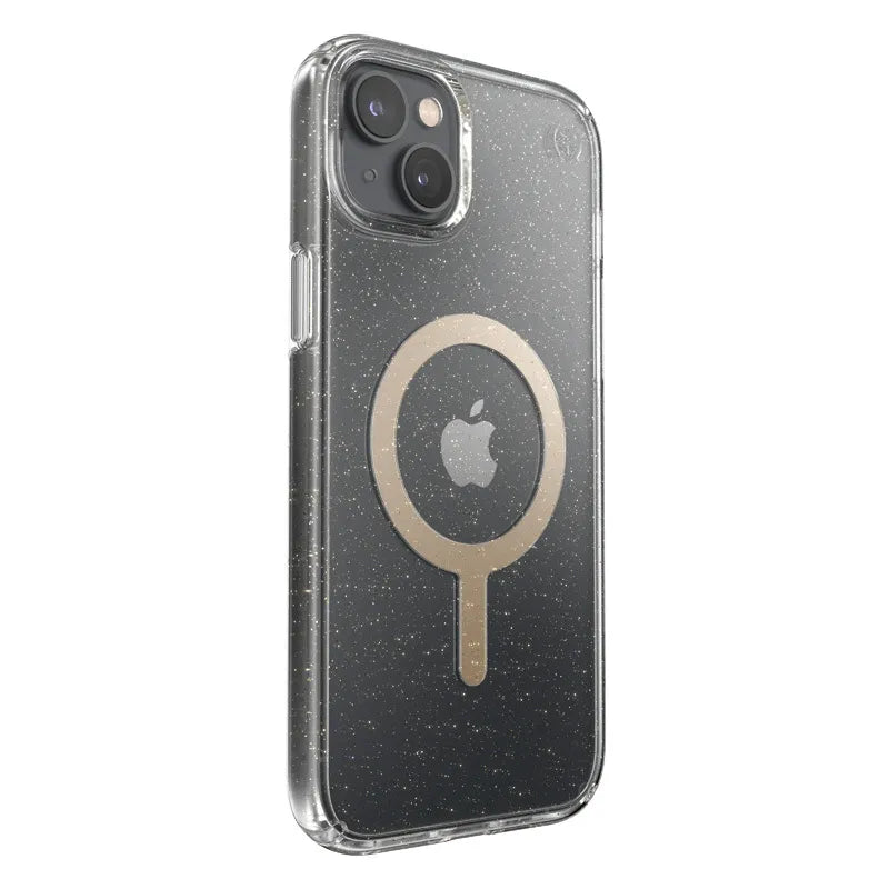 Speck Presidio Perfect-Clear su blizgučiais + MagSafe – dėklas iPhone 15 Plus / 14 Plus su MICROBAN danga (skaidrus / aukso blizgučiai)