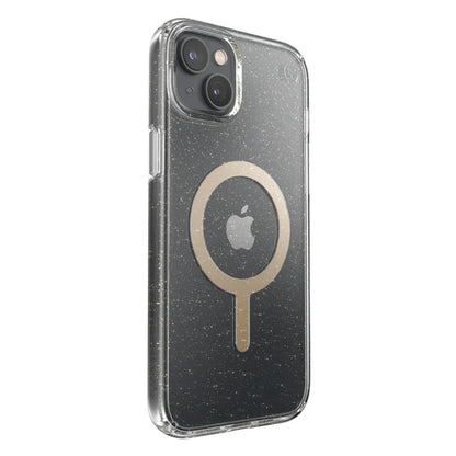Speck Presidio Perfect-Clear su blizgučiais + MagSafe – dėklas iPhone 15 Plus / 14 Plus su MICROBAN danga (skaidrus / aukso blizgučiai)