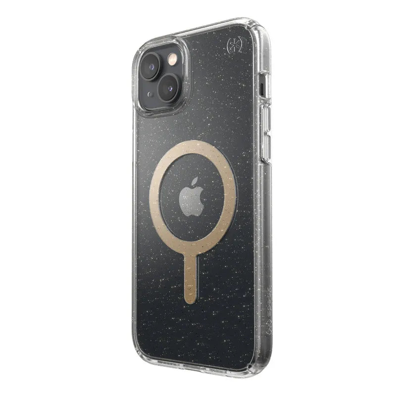 Speck Presidio Perfect-Clear su blizgučiais + MagSafe – dėklas iPhone 15 Plus / 14 Plus su MICROBAN danga (skaidrus / aukso blizgučiai)