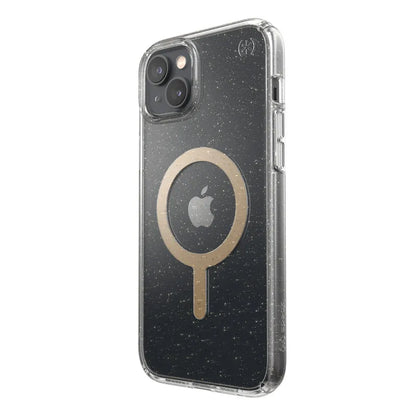 Speck Presidio Perfect-Clear su blizgučiais + MagSafe – dėklas iPhone 15 Plus / 14 Plus su MICROBAN danga (skaidrus / aukso blizgučiai)