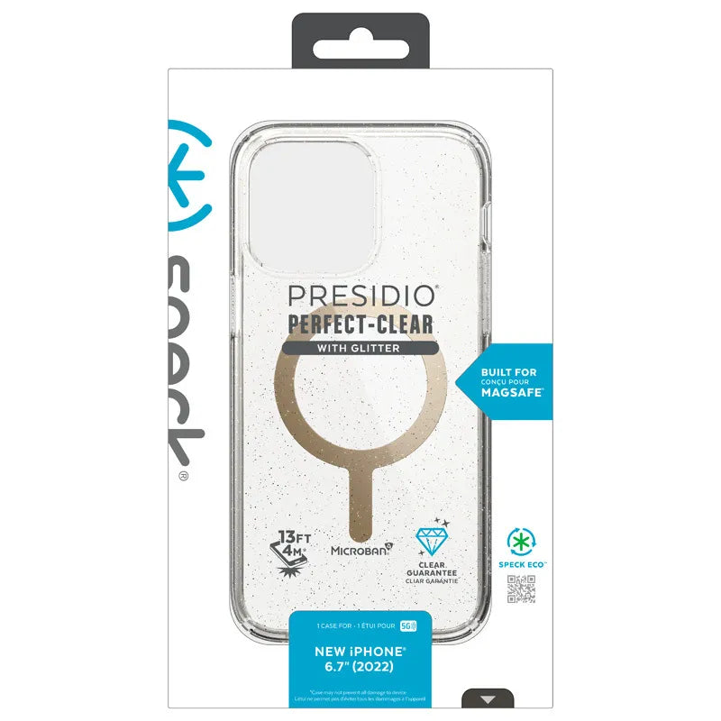 Speck Presidio Perfect-Clear su blizgučiais + MagSafe – dėklas iPhone 15 Plus / 14 Plus su MICROBAN danga (skaidrus / aukso blizgučiai)