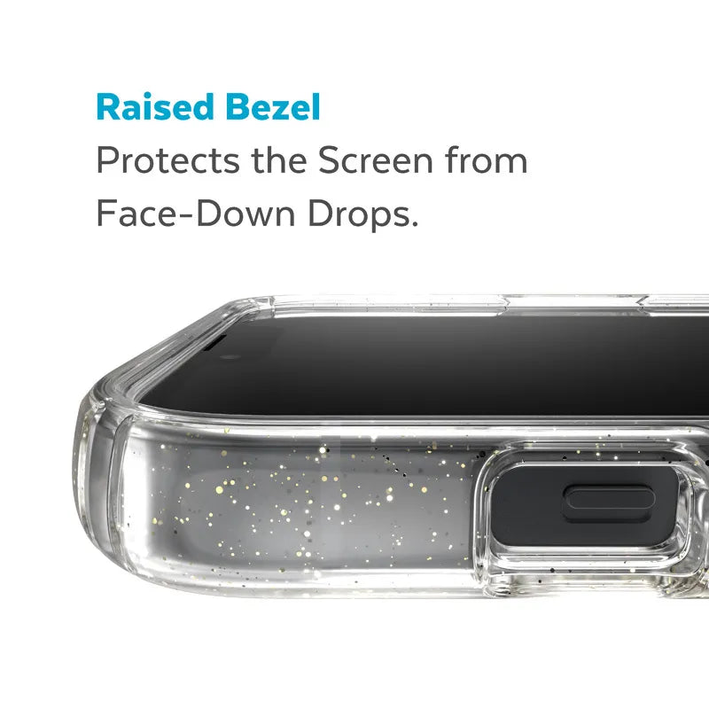 Speck Presidio Perfect-Clear su blizgučiais + MagSafe – dėklas iPhone 15 Plus / 14 Plus su MICROBAN danga (skaidrus / aukso blizgučiai)