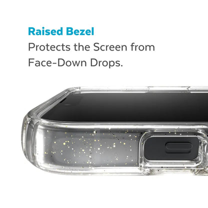 Speck Presidio Perfect-Clear su blizgučiais + MagSafe – dėklas iPhone 15 Plus / 14 Plus su MICROBAN danga (skaidrus / aukso blizgučiai)