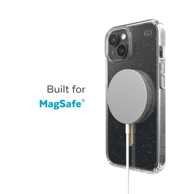 Speck Presidio Perfect-Clear su blizgučiais + MagSafe – dėklas iPhone 15 Plus / 14 Plus su MICROBAN danga (skaidrus / aukso blizgučiai)