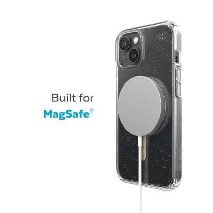 Speck Presidio Perfect-Clear su blizgučiais + MagSafe – dėklas iPhone 15 Plus / 14 Plus su MICROBAN danga (skaidrus / aukso blizgučiai)