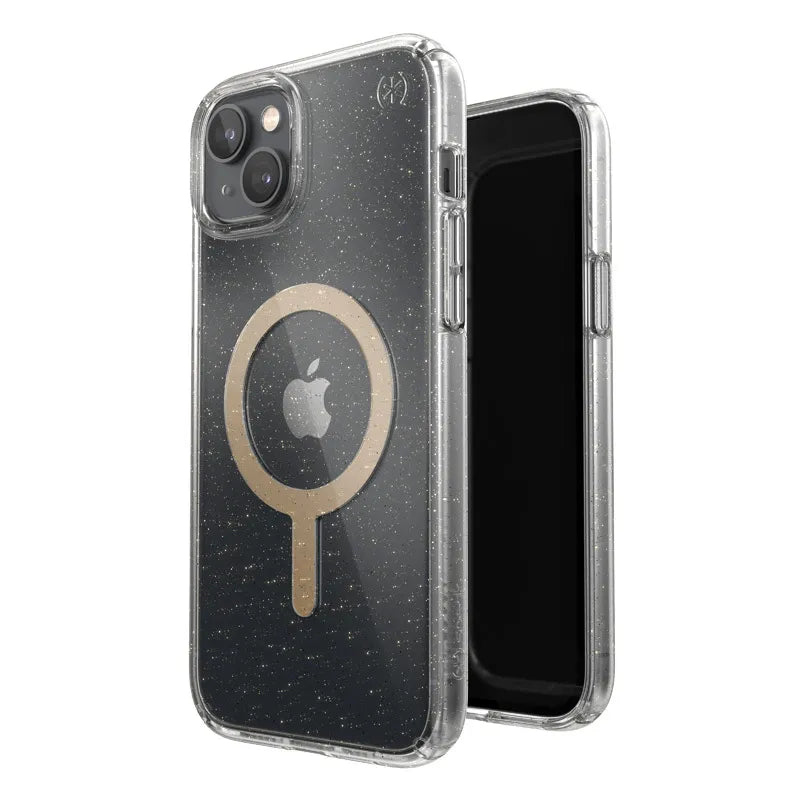 Speck Presidio Perfect-Clear su blizgučiais + MagSafe – dėklas iPhone 15 Plus / 14 Plus su MICROBAN danga (skaidrus / aukso blizgučiai)