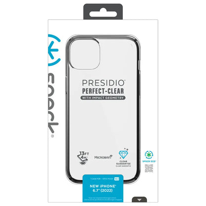Speck Presidio Perfect-Clear su Impact Geometry dėklas – iPhone 15 Plus / 14 Plus dėklas su MICROBAN danga (Skaidrus / Juodas)