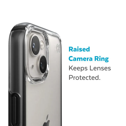 Speck Presidio Perfect-Clear su Impact Geometry dėklas – iPhone 15 Plus / 14 Plus dėklas su MICROBAN danga (Skaidrus / Juodas)