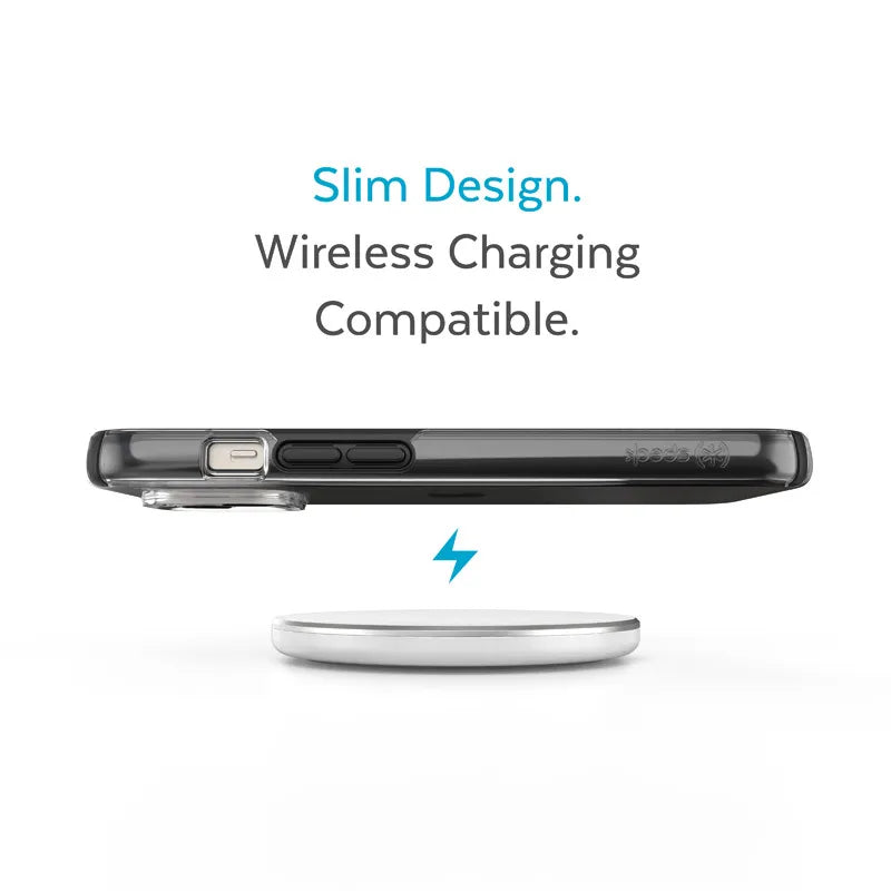 Speck Presidio Perfect-Clear su Impact Geometry dėklas – iPhone 15 Plus / 14 Plus dėklas su MICROBAN danga (Skaidrus / Juodas)