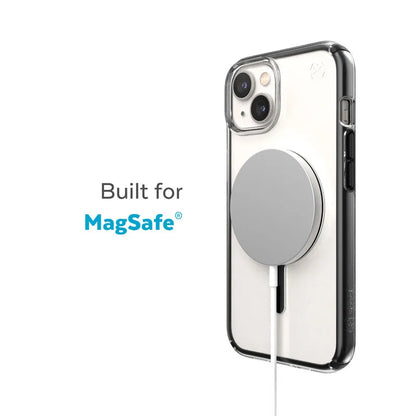 Speck Presidio Perfect-Clear su Impact Geometry + MagSafe – dėklas „iPhone 15 Plus / 14 Plus“ su MICROBAN danga (Skaidrus / Juodas)