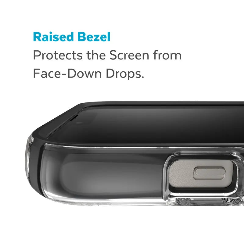 Speck Presidio Perfect-Clear su Impact Geometry + MagSafe – dėklas „iPhone 15 Plus / 14 Plus“ su MICROBAN danga (Skaidrus / Juodas)