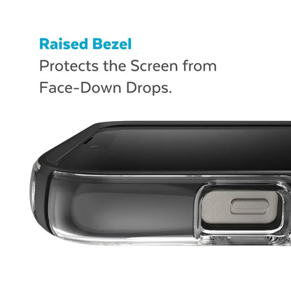 Speck Presidio Perfect-Clear su Impact Geometry + MagSafe – dėklas „iPhone 15 Plus / 14 Plus“ su MICROBAN danga (Skaidrus / Juodas)
