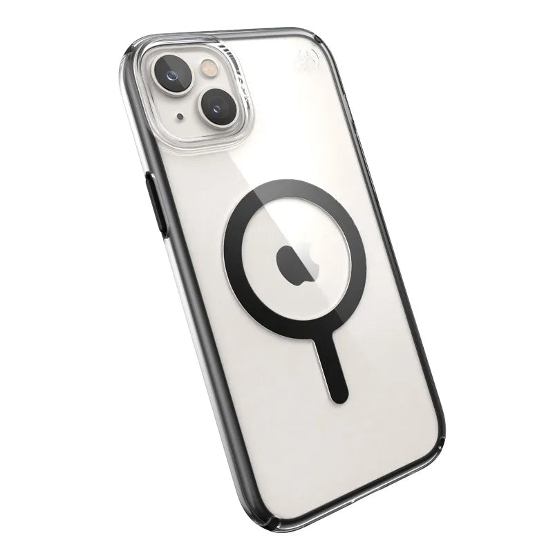 Speck Presidio Perfect-Clear su Impact Geometry + MagSafe – dėklas „iPhone 15 Plus / 14 Plus“ su MICROBAN danga (Skaidrus / Juodas)