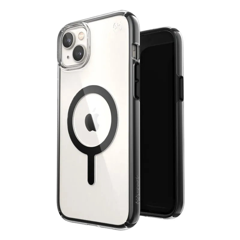 Speck Presidio Perfect-Clear su Impact Geometry + MagSafe – dėklas „iPhone 15 Plus / 14 Plus“ su MICROBAN danga (Skaidrus / Juodas)